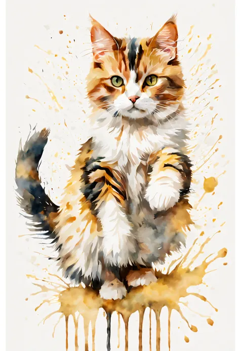 白い背景のwatercolor paintingの猫の絵,a calico cat,cute,jump,mysterious,watercolor painting、splash technique to reproduce wet conditions、...