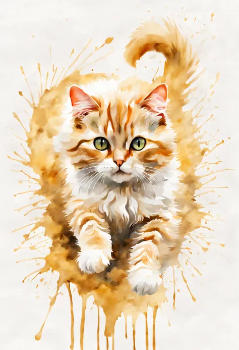 白い背景のwatercolor paintingの猫の絵,cute,jump,mysterious,watercolor painting、splash technique to reproduce wet conditions、blurry atmosp...