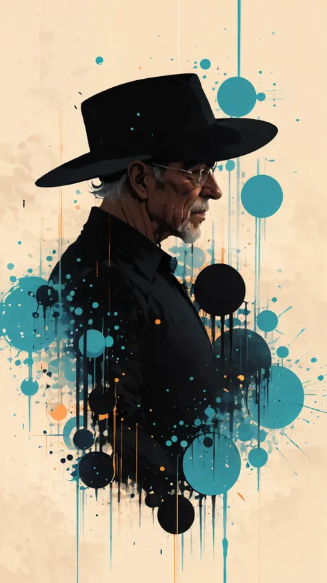 Silhouette of an elderly man posing:dynamic pose:profile:hat,Ink splash,Bold colors,dynamically,colorful,An abstract painting that looks like a person if you look closely,works of art,mysterious,design