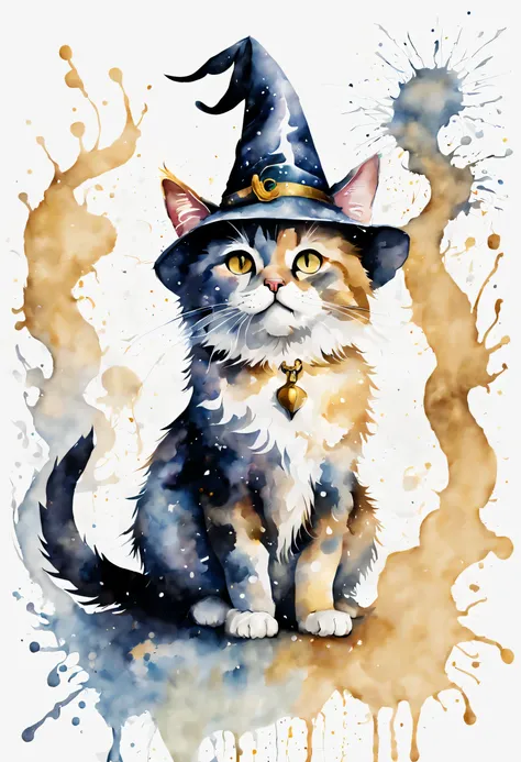 白い背景のwatercolor paintingの猫の絵,cute,Wizard Cat,Mysterious,watercolor painting、Splash technique to reproduce wet conditions、Blurry atmosphere、Unique composition、Abstract representation、Contains elements of surrealism、Pale tones、pale and golden color scheme,、H...