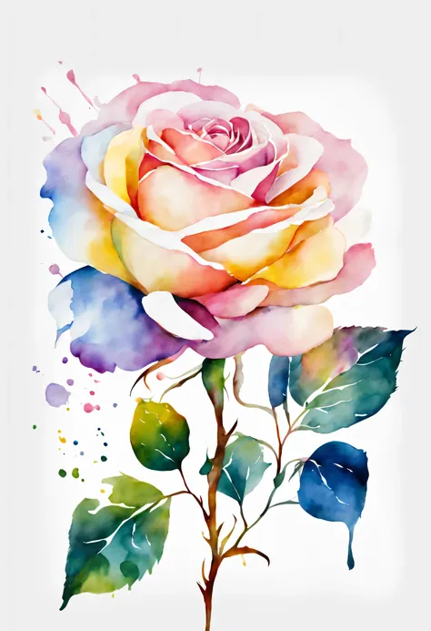 watercolor flower painting isolated on white background、rainbow rose、watercolor painting、splash technique to reproduce wet condi...