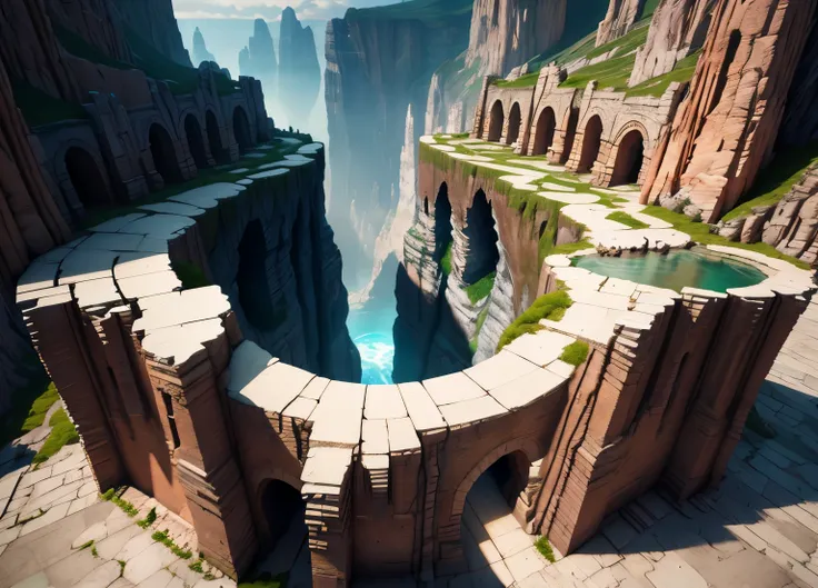 precarious cliff, fantasy scene, Epic symmetrical scenery, marble quarry, landscape concept art, digital fantasy illustration, deviantart, art station, aerial view, Deep sinkhole, 3d street Art, 3D street painting, 3D anamorphic painting,