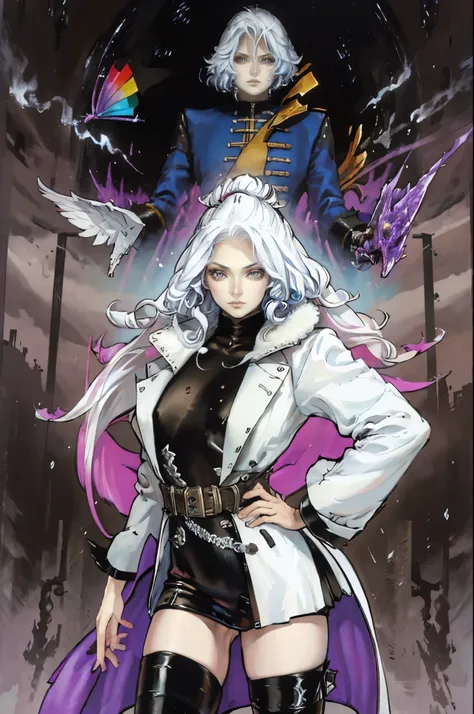 a woman, white hair, rainbow-colored eyes, black coat, high boots, ayami kojima