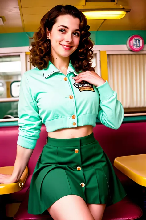 Retro Vision: Circa 1950s, Upper Body Portrait of a Wholesome Girlfriend Sitting in a Dinette Booth of a Retro Diner,

A young woman, reminiscent of Alison Brie, exudes a cute posture and a prim and proper demeanor,
Dressed in a surf green letter jacket an...