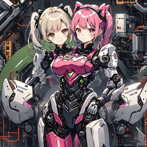 best resolution, 2heads, asian cyborg woman with two heads, pigtails hair, pink robot body, hello kitty stickers, mechanical bac...