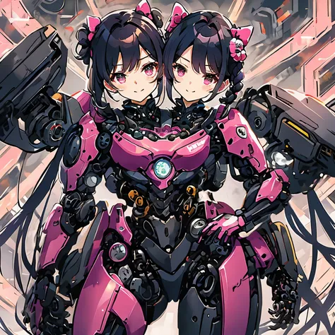 best resolution, 2heads, asian cyborg woman with two heads, pigtails hair, pink robot body, hello kitty stickers, mechanical bac...