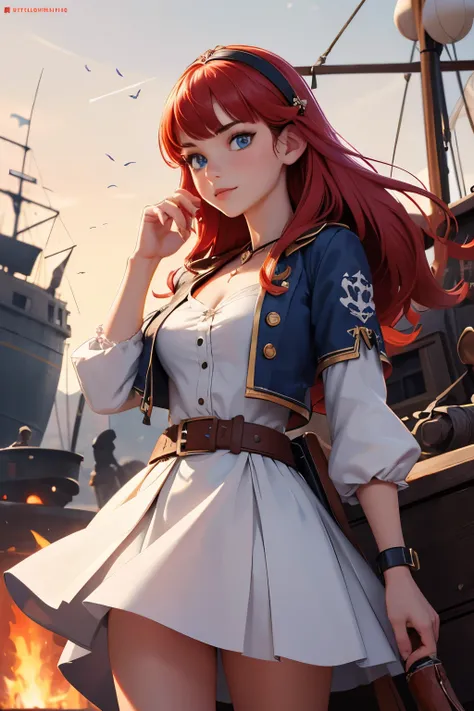 (good quality:1.2), (Ultradetailed:1.2), (ultradetailed face:1.2), (detailed blue eyes:1.2), (ultradetailed body:1.2), young girl with old pistole, red hair, white pirate dress, black ship, night, battlefield, fire in the background