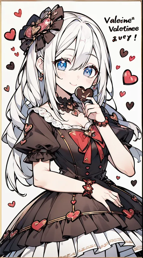 (((32k))), (16k), (8k), (4k), (((32k heart background))), (((Pretty girl))), (((cute girl))), (beautiful quality eyes), (cute smile), (((dress))), (valentine), ((holding heart chocolate)), 