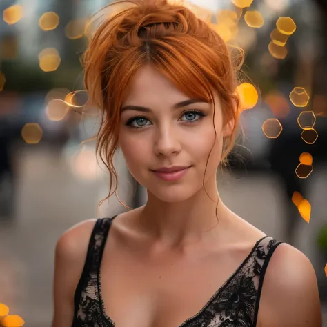 beautiful and sexy european woman with light brown eyes, 25 years old, strong and vibrant short orange hair the girl is wearing ...