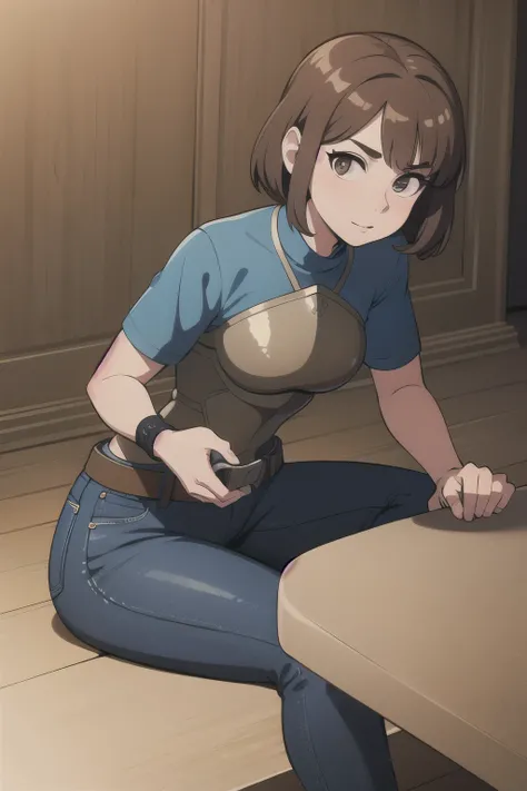 ((Best quality)), ((masterpiece)), (detailed), perfect face perfect figure, blue skinny jeans, Brown hair, Iron Breastplate, girl in blue jeans and iron armor, without ordering, short sleeves