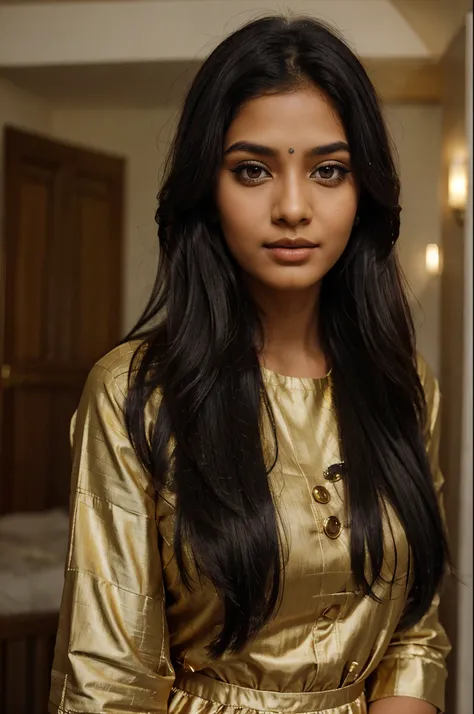 a beautiful indian girl were a safari golden desining dress and her hair is black and her eye colour is gray and also add some makeup on her face