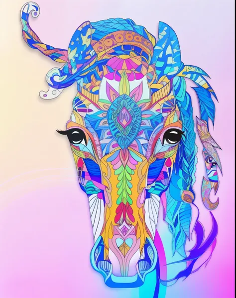 there is a colorful horse with a long horn and a flowered head, horse head animal merge, bright colors highly detailed, highly detailed and colored, horse, highly detailed illustration, detailed realistic colors, very detailed and colorful, detailed beauti...