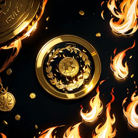 gold coin in the middle of the fire on a black background