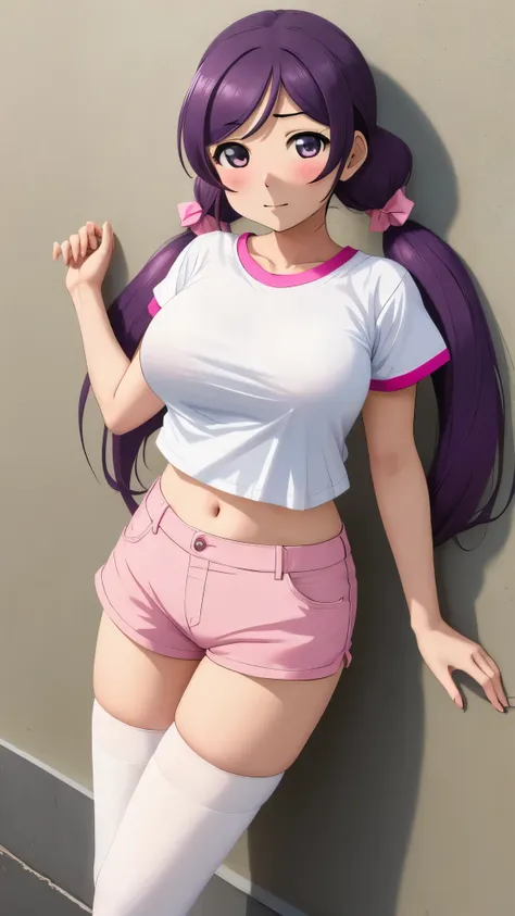 (masterpiece), best quality, perfect face, nozomi toujou,  low twintails, big breasts,white t-shirt, navel, pink shorts,thighhig...