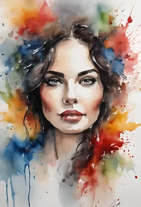 
best quality, masterpiece, splash ink油画半成品 (The photo is of a beautiful woman with a sweet smile，red lips，long black curly hair and pale skin:0.5), splash ink, Ink burst, freeze frame, Colorful ink background