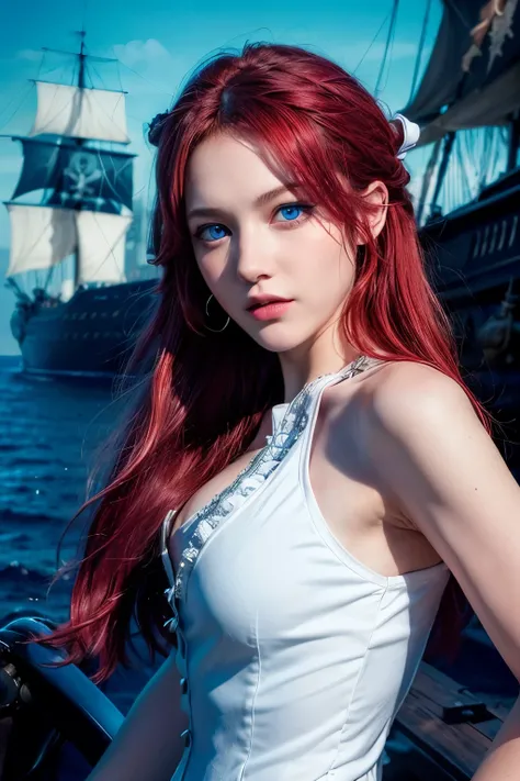 (good quality:1.2), (Ultradetailed:1.2), (ultradetailed face:1.2), (detailed blue eyes:1.2), (ultradetailed body:1.2), young girl with old pistole, red hair, (white pirate dress:1.2), pirate ship, night, battlefield, fire in the background