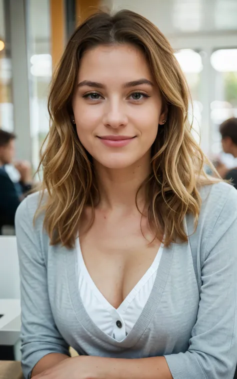 Belle blonde portant un pull beige (Sip coffee in a modern café at sunset), earring and nose piercing. very detailed, 21 ans, visage innocent, natural wavy hair, yeux bleus, high resolution, chef-d&#39;artwork, best quality, intricate details, very detaile...