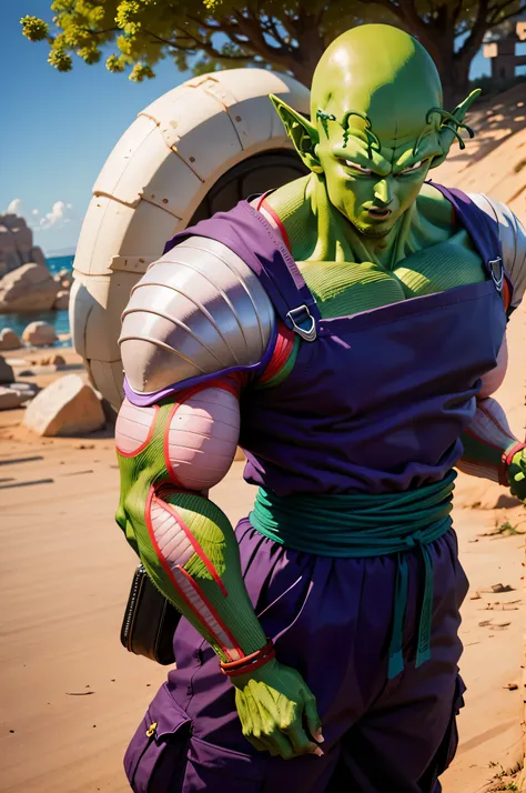 masterpiece, best quality, realistic, photorealistic, 8k,piccolo, 1boy, male focus, solo, standing, pointy ears,(tactical combat armor purple dougi), green skin, oni horns, purple cargo pants, closed mouth, looking at viewer, ((bald)),arms at sides,pink pa...