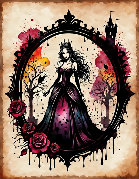 Inkstains, Masterpiece in maximum 16K resolution, ((inside a round frame with complex gothic patterns and roses)) an alluring vampire queen, wearing a tiara and an elegant long dress, flowing hair, (magical trees, castle on the hill), ((made out of colorfu...