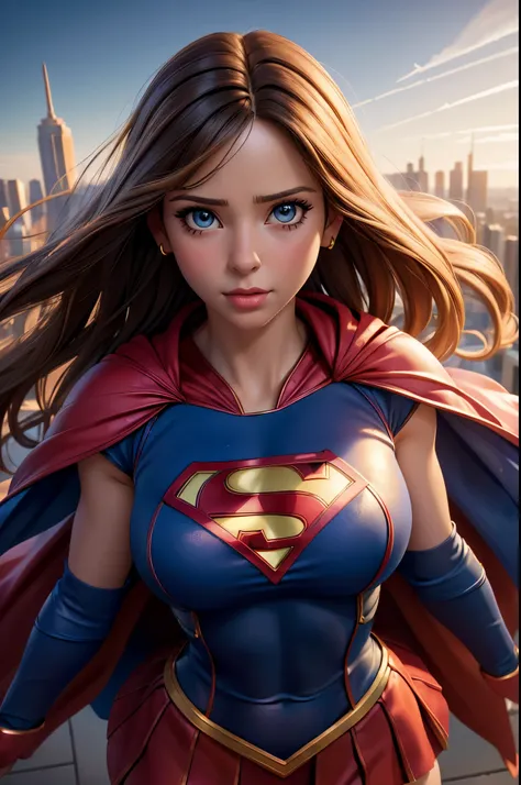 Young Jennifer Love Hewitt dressed as Supergirl in the 1990s,beautiful detailed eyes,beautiful detailed lips,extremely detailed eyes and face,long eyelashes,Supergirls iconic costume,stunning red and blue outfit,resolute expression,confident posture,flying...