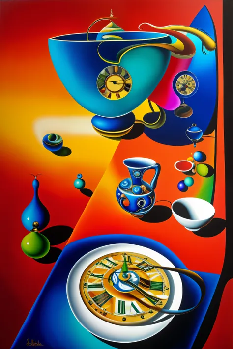 painting of a clock and a bowl of food on a table, the flow of time. complex shapes, illusion of bent time, caught in the flow of time, inspired by Salvador Dali, inspired by Dali, inspired by Dalí, ultrafine detail ”, surrealist painting, abstract surreal...