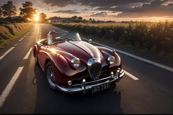 A red Jaguar XK 150 convertible with its headlights on and on on a country road surrounded by vegetation with the sun setting on the horizon