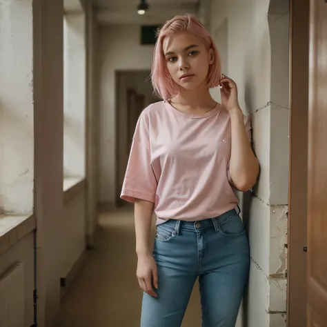 19-years old woman from Poland, short blonde-pink hair, shirt and jeans, leaning against the wall
in polish school corridor durning brake, winter
