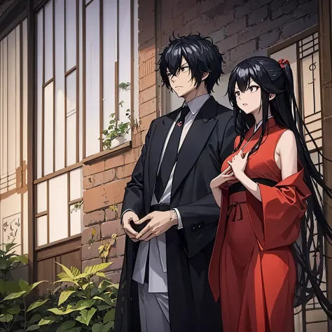 a man in black clothes together with a woman, in a red japanese-style dress in a place full of bamboo