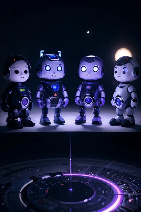 créez moi un groupe de plusieurs petits robots mignon et rigolos  qui discute sur des reseaux sociaux avec des smartphone et des écrans dordinateurs dans un univers futuriste avec des couleurs bleu nuit et violet 