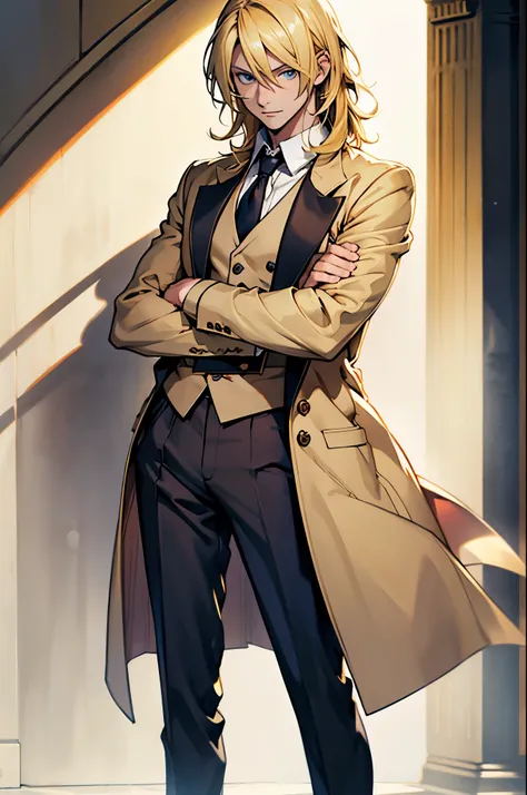 ((masterpiece)), (Best quality), ((a high resolution)), (Sanji&#39;s face:0.5), blond, medium length hair, blue and real eyes, young guy, full length, completely alone, classic clothes with shirt, beige german tailcoat, ((two arms))