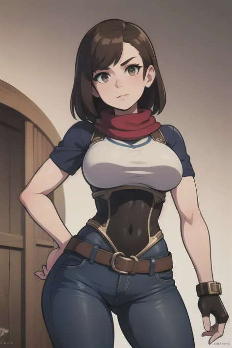 ((Best quality)), ((masterpiece)), (detailed), perfect face perfect figure, blue skinny jeans, Brown hair, Iron Breastplate, girl in blue jeans and iron armor, without ordering, short sleeves, red scarf