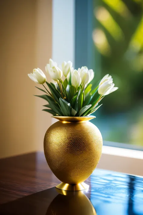 ((Best quality, 8k, Masterpiece, Sharp focus, 50mm lens, f/1.2, amazingly detailed luxurious modern vase :1.4)), side lighting, ((golden accents, elegant curves :1.2)), (glass material:1.2), (minimalist background:1.2), intricate designs, highly detailed t...