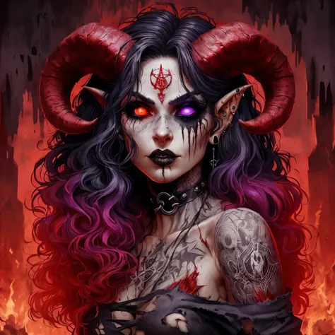 In the style of a realistic RPG, a demonic character, a woman of the tiefling race devilishly wears torn clothes and a grim reaper&#39;s cape, The woman has fair skin tone with a devilish expression. Cabelos longos, cacheados de cor roxa com as pontas verm...