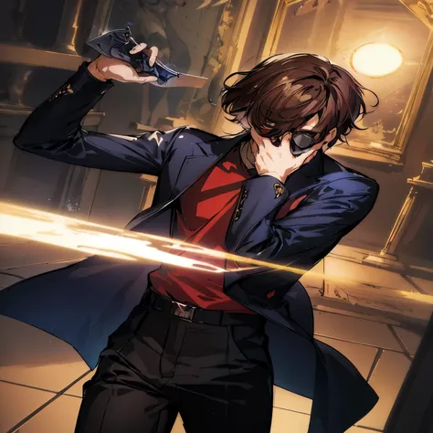 anime character with a bright white orb in hand in a room with a mirror, key anime art, handsome guy in demon slayer art, kawacy, holding a lightsabre. splash art, detailed key anime art, handsome anime pose, persona 5 art style wlop, shigenori soejima ill...