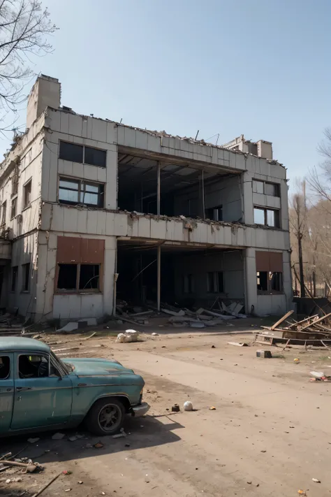 La qualité de la photo, Réaliste, très détaillé, 8K, très détaillé, Tchernobyl, Pripyat, Urbex, bâtiments très hauts en ruines, atmosphère dystopique de collapsologie, paysage hivernal d&#39;arbres sans feuilles, Catastrophe nucléaire, parc d&#39;attractio...