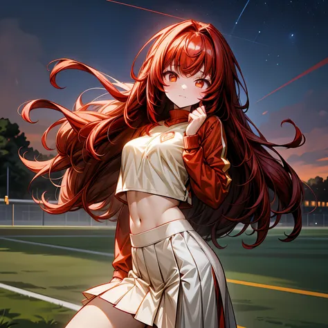 anime girl, 1 anime girl, black and red hair, golden eyes, golden pupils, glowing eyes, thick hair, blown by the wind, crop top,...