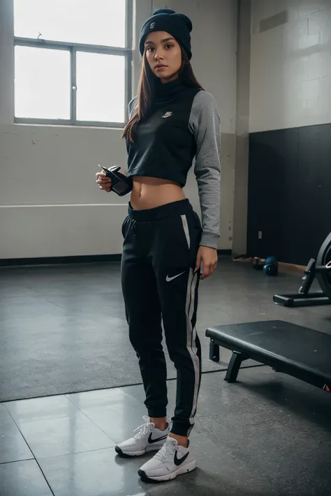 beauty 1girls, nur, gym, Beanie, shirt,  drinnen,Nike Tech Fleece Pants full body, hyper realstic