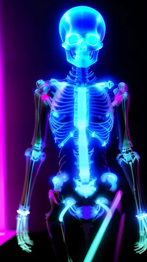 arafed a skeleton in a blue bodysuit with a lightning bolt, a skeleton girl, cyber a skeleton, superpowers of electricity, Electric Woman, 3d neon art of female body, roentgen art, biomechanical roentgen, Glowing bones, Electrical aura, a skeleton, translu...