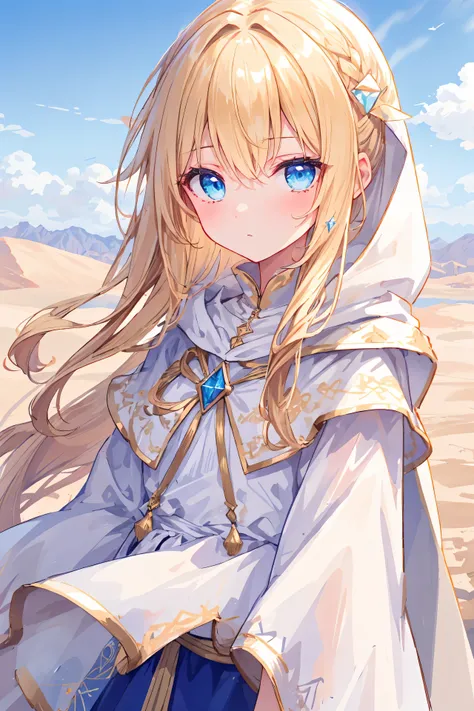 "Epic daylight ambiance in the desert, superb work of&#39;4k art depicting a beautiful girl with tied light blonde hair. Yeux de diamant bleu. Elle portait une cape et une capuche d&#39;white heroine in the desert"