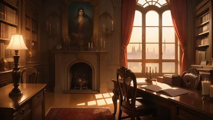 masterpiece, best quality, realistic, fantasy, detailed background, background only (no character), cinematic lighting, Masterpiece Background, study, library, desk, candle light, window with sky, castle