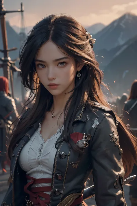 (Ultra quality:1.2), (Ultra detailed:1.2), (Ultra detailed clothes:1.2), (Ultra detailed face:1.2), (Ultra detailed eyes:1.2), (Ultra detailed body:1.2), (Ultra detailed weapons:1.2), young pirate girls, torn clothes, different hair colors, sword fights, b...