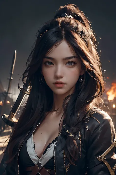 (Ultra quality:1.2), (Ultra detailed:1.2), (Ultra detailed clothes:1.2), (Ultra detailed face:1.2), (Ultra detailed eyes:1.2), (Ultra detailed body:1.2), (Ultra detailed weapons:1.2), young pirate girls, torn clothes, different hair colors, sword fights, b...