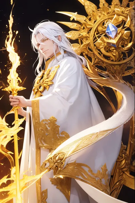 a man who looks to be about 35 years old, in a white priests robe with gold patterns in the form of a dragon, with long white hair and golden eyes, behind his back is a golden staff with a crystal of fire dust at the top of the staff