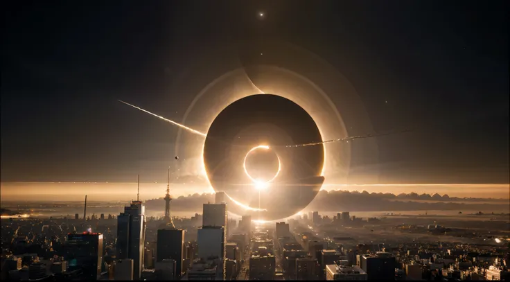 Imagine having a city on Saturn. Solar eclipse with Saturns rings. Tech City, daily life, transport, rocket, drone, photograph, cinema, The Bocke Effect, Lens flare.