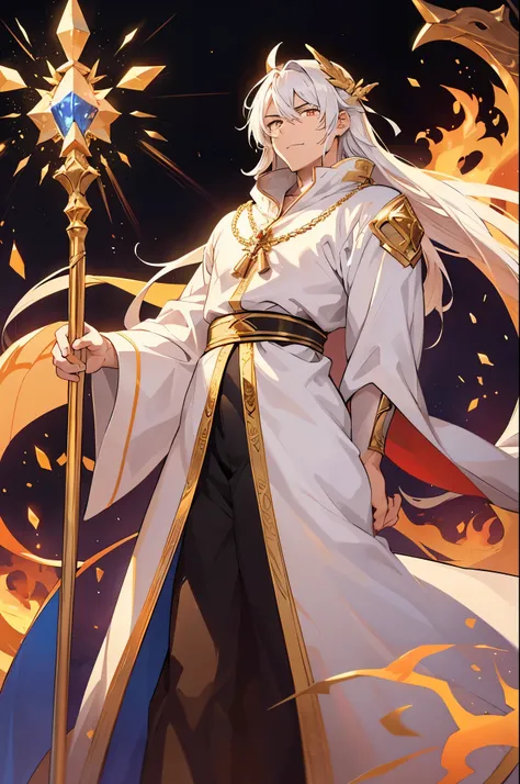 a man who looks to be about 35 years old, in a white priests robe with gold patterns in the form of a dragon, with long white hair and golden eyes, behind his back is a golden staff with a crystal of fire dust at the top of the staff