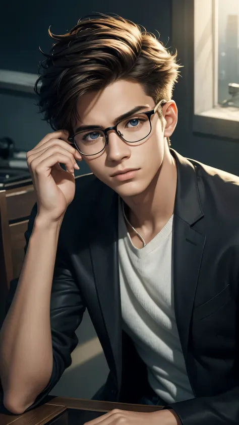 A captivating close-up portrait of a young teenage boy with glasses and stylish spectacles, his spiky hair standing out in defiance, as he settles into a chair for a photoshoot. The realistic rendering of every detail, from the curve of his cheekbones to t...