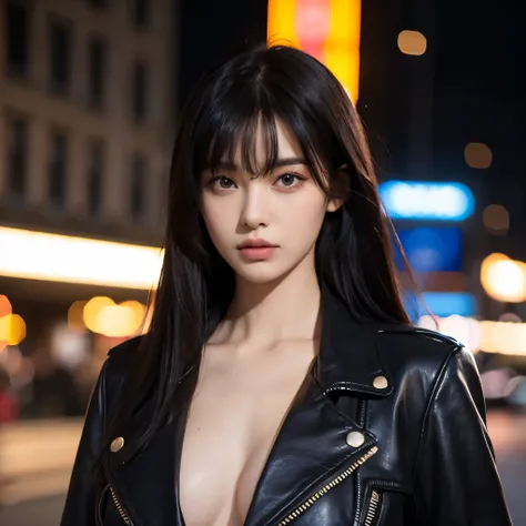 20 year old girl, Slim, long black hair, hair распущены, bangs on the head, hair, Developing in the wind, Brown eyes, serious look, evil look, bare chest, perfect breasts, breasts are visible, black leather fitted jacket, jacket is buttoned, standing strai...