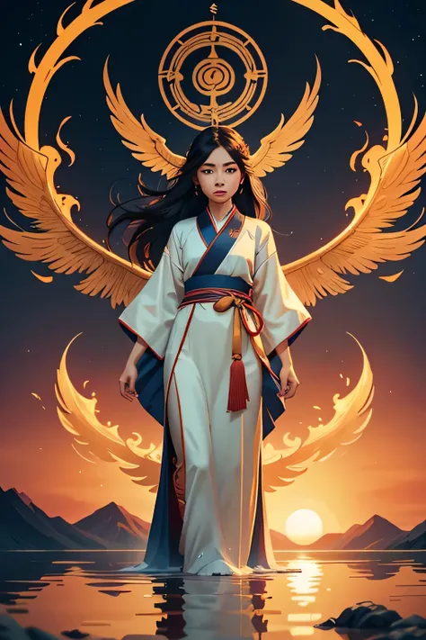 A beautiful Chinese girl standing on the water, misty reflection, a huge phoenix divine bird in the sky, magic, fantasy, dynamic posture, composed of colorful glowing flames, delicate face, delicate eyes, long black and golden hair, wearing amber and sky b...