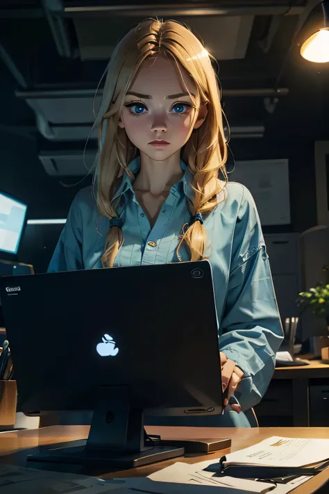 looking at screen, long blonde hair, blue eyes, frumpy clothes, , computer desk, computer, dark room, light coming off computer ...