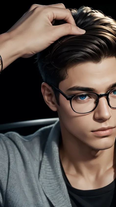 A captivating close-up portrait of a young teenage boy with glasses and stylish spectacles, his spiky hair, as he settles into a chair for a photoshoot. Black background,The realistic rendering of every detail, from the curve of his cheekbones to the refra...